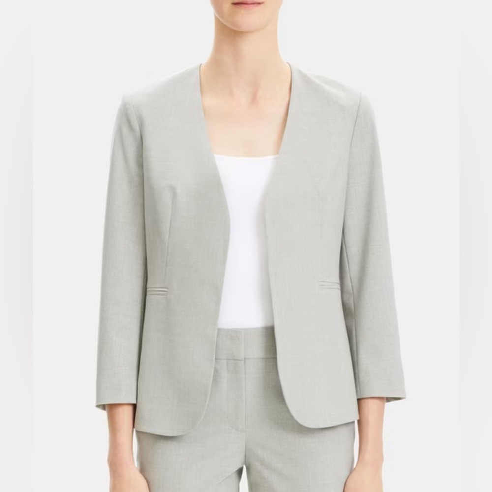 Theory NWOT Lindrayia B Good Wool 3/4 Sleeve Open Front Blazer Light Grey 4